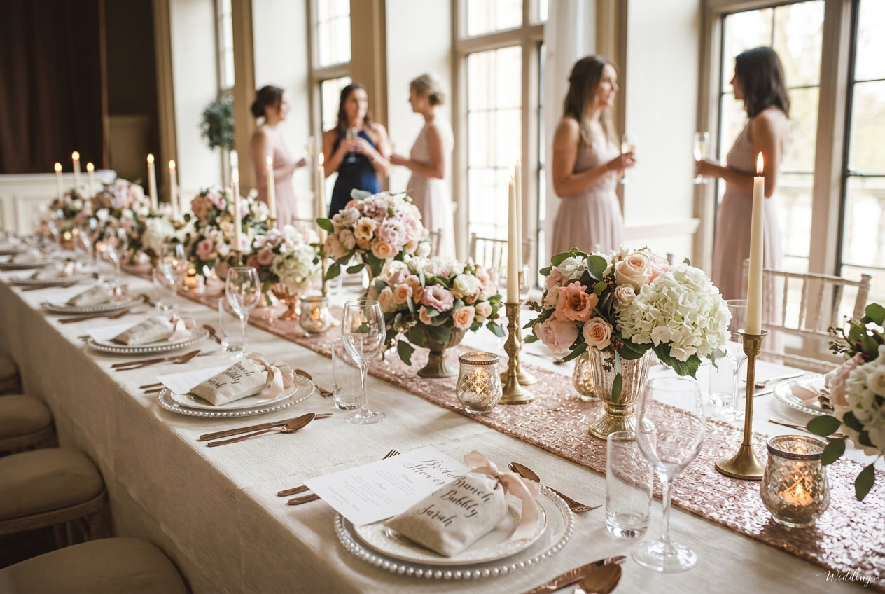 Elegant bridal shower floral table setting with flowers and celebration details