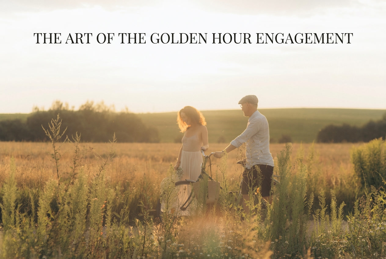 Couple during a golden-hour engagement photo shoot in a sunlit field, editorial candid style