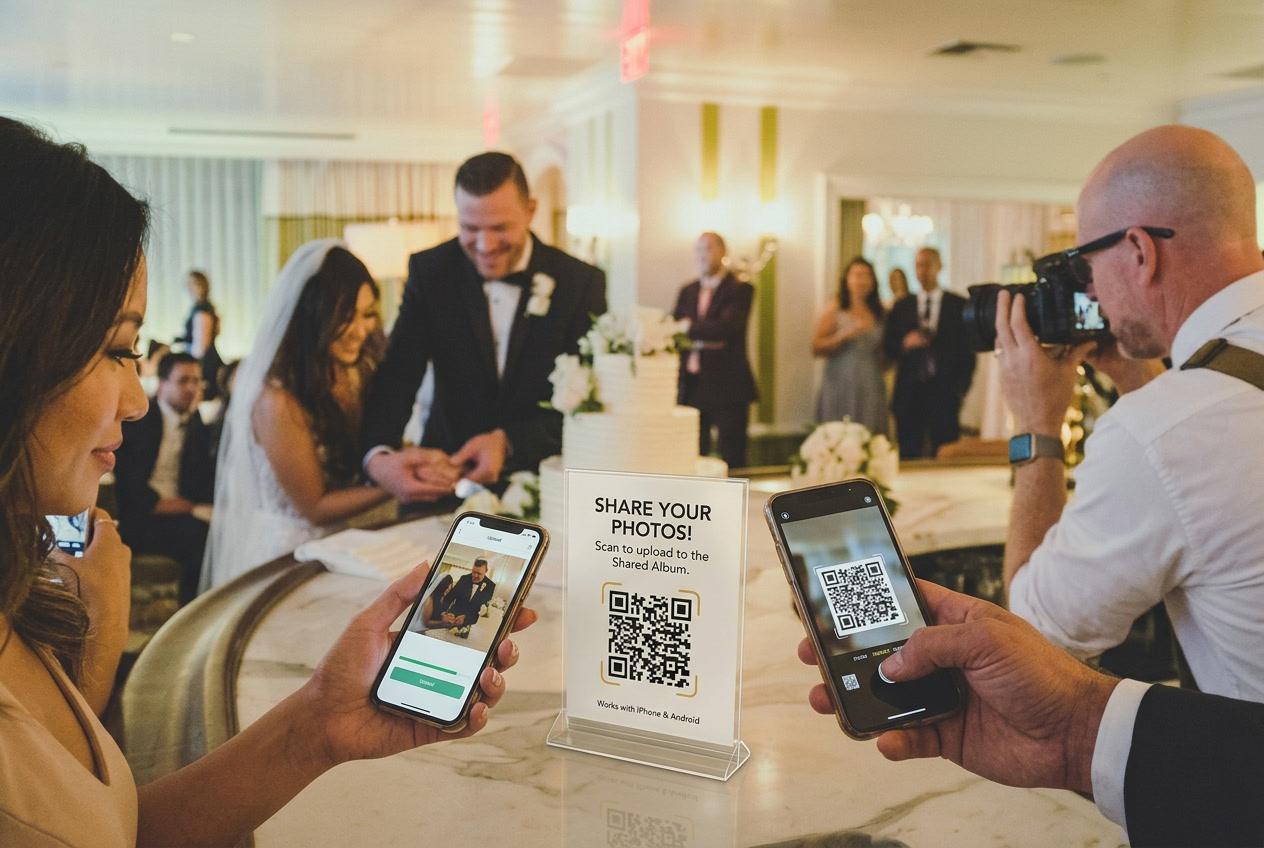Wedding guests uploading photos to a shared wedding album from iPhone and Android phones by scanning a QR code at the reception