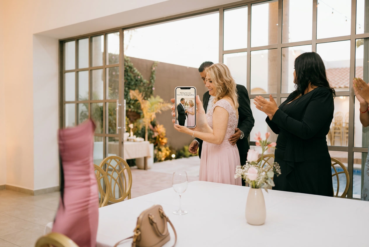 Wedding guest holding phone to share photos at a reception