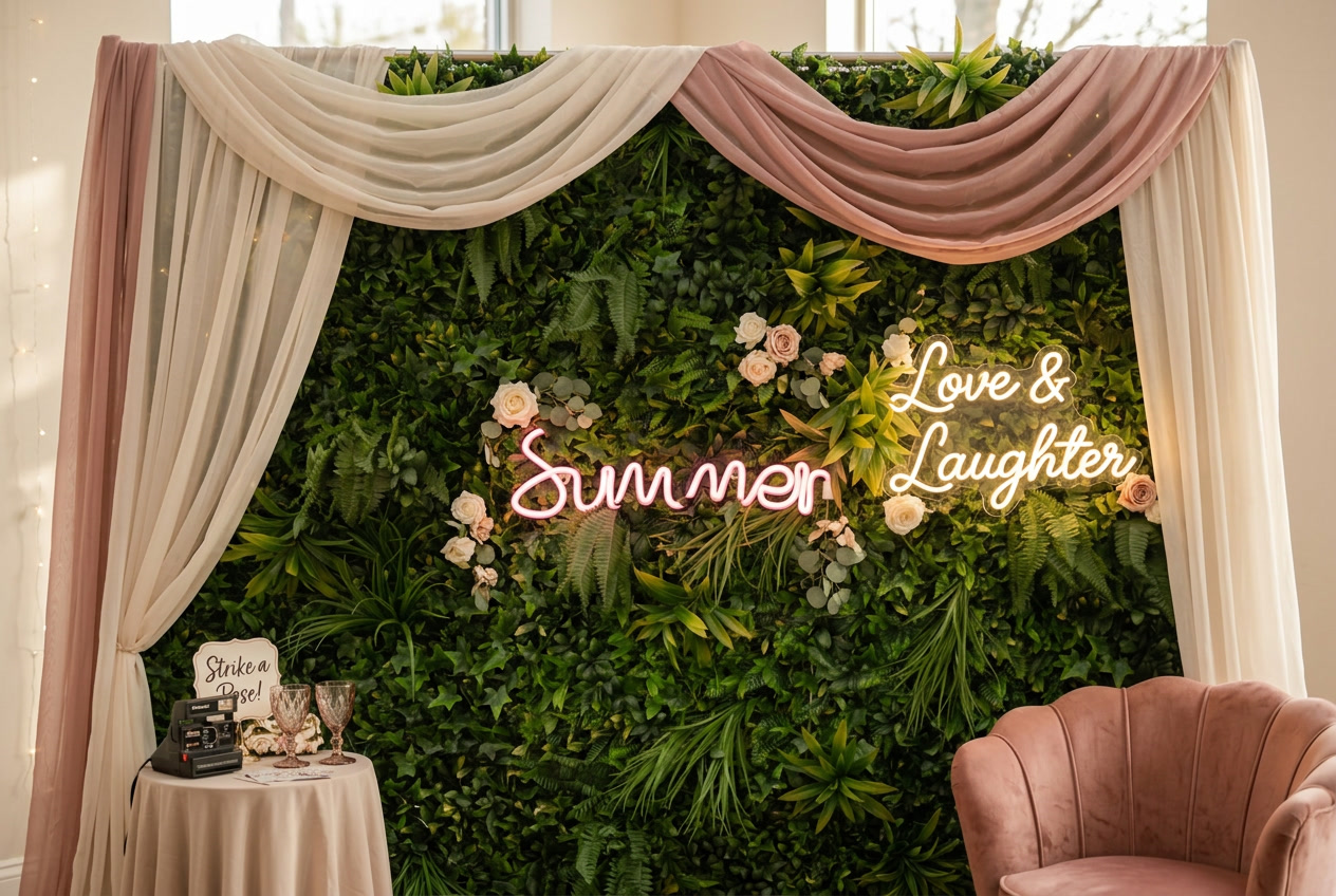 DIY wedding photo booth backdrop with a greenery wall, draped fabric, and neon signs
